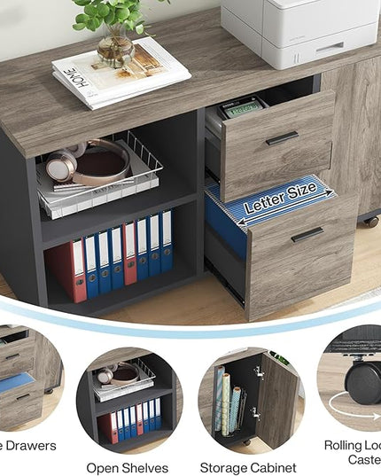 Tribesigns 70.8" Large Executive Office Desk and 47" Lateral File Cabinet Combo, L-Shaped Computer Desk Business Furniture with Drawers and Shelves, Home Office Workstation, Grey & Black