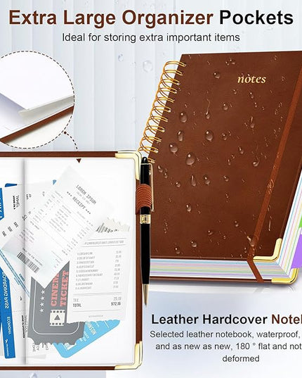 Hardcover Spiral Notebook 6.2"x 8.2" Journal Notebook with Tabs and Removable Dividers 300 Pages 5 Subject Notebook College Ruled, Faux Leather Spiral Bound Notebook for Women School Work (Brown)
