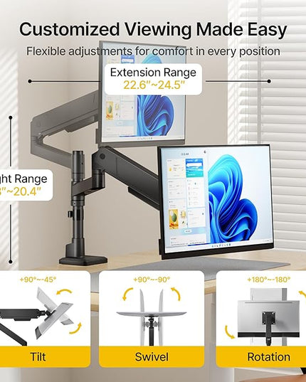 monTEK Tall Single Monitor Arm for 17 to 45 Inch Curved Screen Adjustable Upgraded Heavy Duty Ultrawide Monitor Arm Holds 35 Lbs Cable Management with C Clamp, Grommet Base, VESA 75/100mm, MA1007PBK