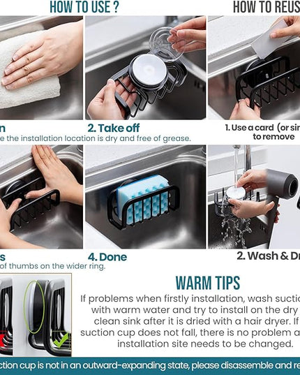 TAILI Sponge Holder for Kitchen Sink with Strong Suction Cup, Removable Sponge Holder, Rustproof Aluminum Sink Caddy for Sponges, Dish Brush - Black