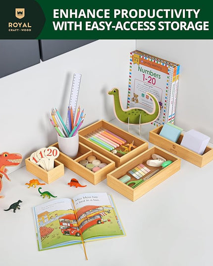 ROYAL CRAFT WOOD 5-Piece Bamboo Drawer Organizer Set – Multi-Use Storage Trays for Kitchen, Bathroom, Office, Makeup, Jewelry & More – Junk Drawer Tray, Utensil Holder, Storage Box & Bin Set (5 Boxes)