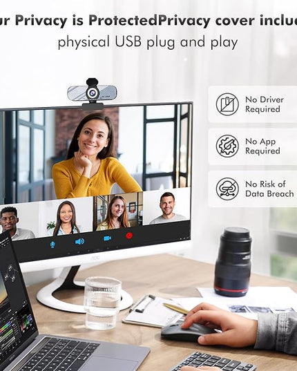 USB HD Webcam with Built-in Microphone and Rotatable Tripod, 1080P Video, Wide Angle Camera, Privacy Cover, for Desktop PC or Laptop Computer（White）