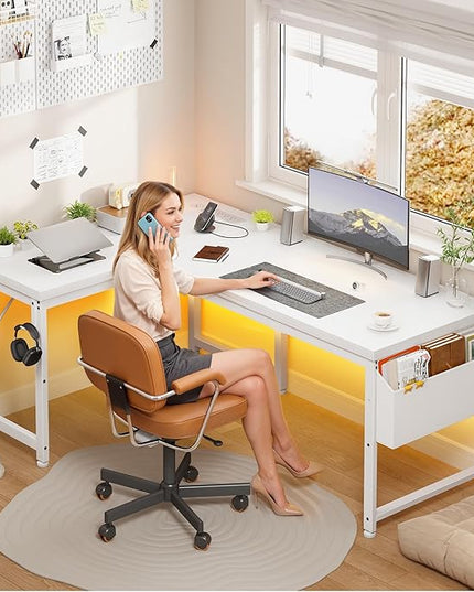 L Shaped Desk with 0.95 Inch Thicker Desktop & Storage Bag, Computer Desk with Power Outlets & Lights, Reversible Gaming Desk for Home Office, Corner Desk, Study Room, Living, Bedroom, White