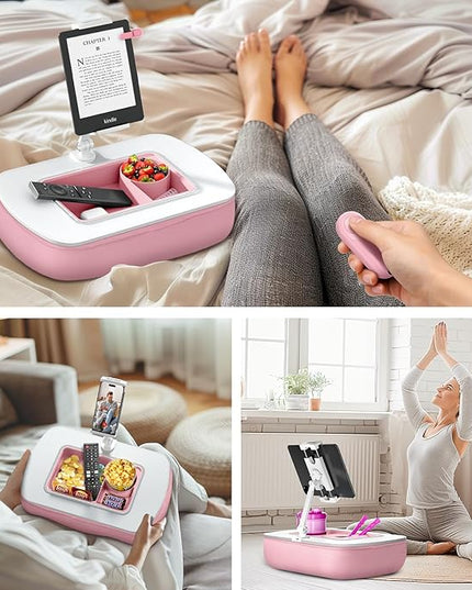 Tablet Pillow Stand for Lap Use with Snack Bowl and 360° Rotating Arm, Adjustable iPad Holder for Bed, Couch, and Recliner, Compatible with 4.7"-13" Kindle, iPad, Tablet, Phone,Pink