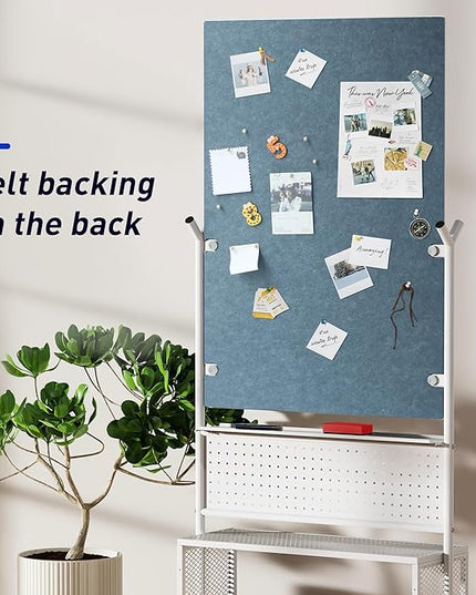 40 x 28 inch Mobile Magnetic Glass Whiteboard, Double-Sided Board with Felt Back and Storage for Office & Classroom, Black