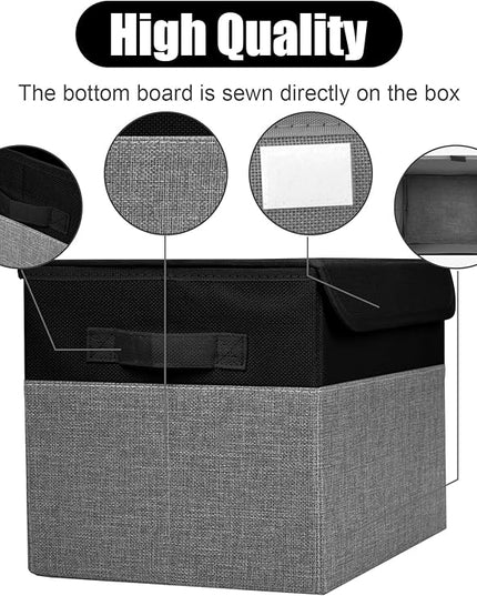 Large 22 Quart Linen Fabric Foldable Storage Bin Cube Organizer Basket with Flip-Top Lid & Handles, Clothes Blanket Box for Home, Office, Closet, Black & Gray, 4 Pack 14.6 x 9.5 x 9.5