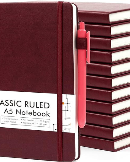 12 Pack Notebooks Journals Bulk with 12 Black Pens, Feela A5 Hardcover Notebook Classic Ruled Journal Set with Pen Holder for School Business Work Travel Writing, 120 GSM, 5.1”x8.3”, Wine