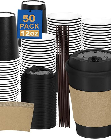 Coolcap 20 oz 50 Pack Coffee Cups with Lids and Sleeves, Straws, Hot Disposable To Go Travel Paper Cups Bulk for Office, Home Coffee Bar Accessories, Chocolate, Cocoa, Beverage (Black)
