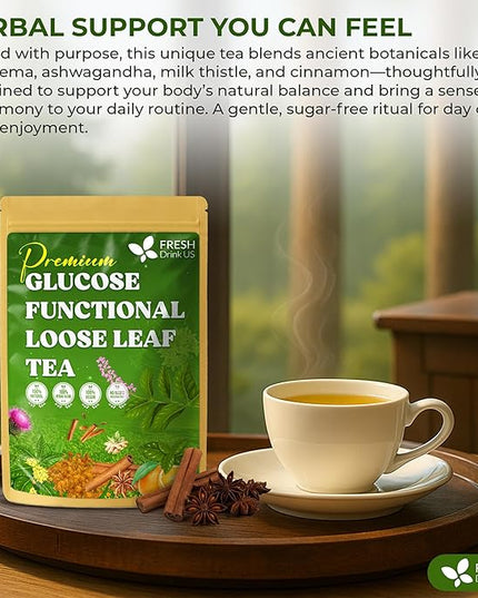 FreshDrinkUS, Glucose Functional Loose Leaf Tea | 4oz | Herbal Blend of Gymnema, Milk Thistle, Dandelion Root, Cinnamon & Ashwagandha – Naturally Caffeine-Free, Premium Quality, Balanced Flavor. Vegan
