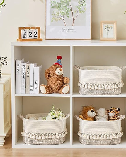 Storage Bins Woven Baskets for Storage Set of 3, Cotton Rope Basket with Handles for Toys/Shelves/Laundry, Rectangle Multi-Purpose Organizer for Living Room, Bedroom, Nursery (White/Beige)