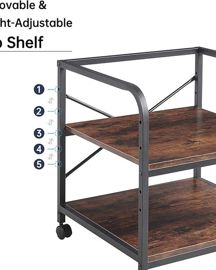 Under Desk Printer Stand, 20 Inches Deep Large Printer Table with Height Adjustable Storage Shelf, 2 Tier Rolling Printer Cart with Wheels for Home Office - Rustic Brown