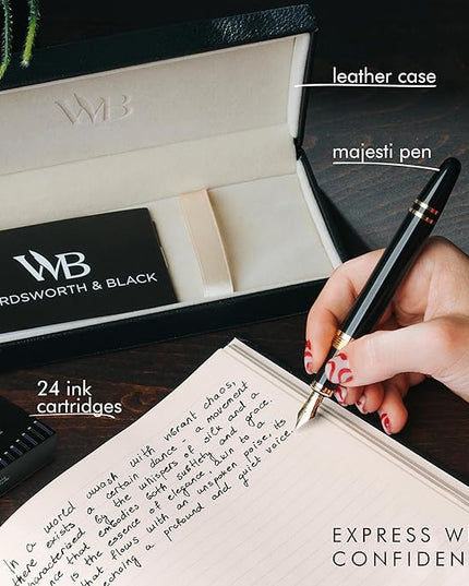 Wordsworth & Black Majesti Fountain Pen-(Black) Luxury Case, 24K Gold Finish; 18K Gilded Extra Fine Nib- Ink Cartridges, Refillable Ink Converter-Calligraphy Pen-Best Business Gift Set for Men & Women