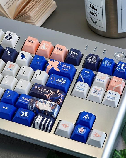 PBT Material Keycaps 130 Keys，Japanese Anime Style Keycaps Cherry Profile Dye Sublimation Keycap Blue White Custom Key Cap Set for Mechanical Keyboard 61/64/75/84/87/104/108 Layout