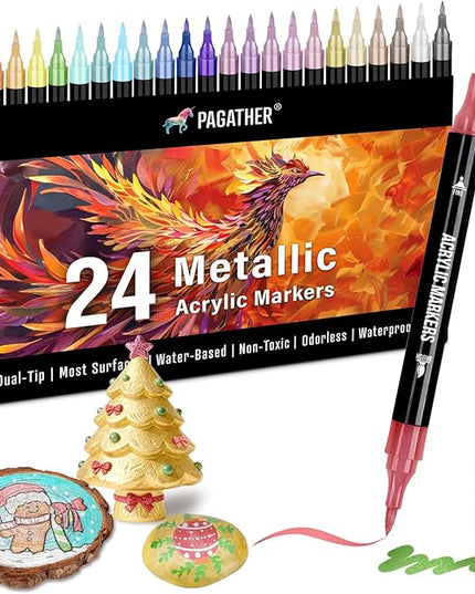 24 Metallic Colors Acrylic Paint Markers, Dual Tip with Fine Tip and Brush Tip Pens for Stone, Wood, Calligraphy, Canvas, Ceramic, Metal, Glass, Rock Painting, DIY Crafts