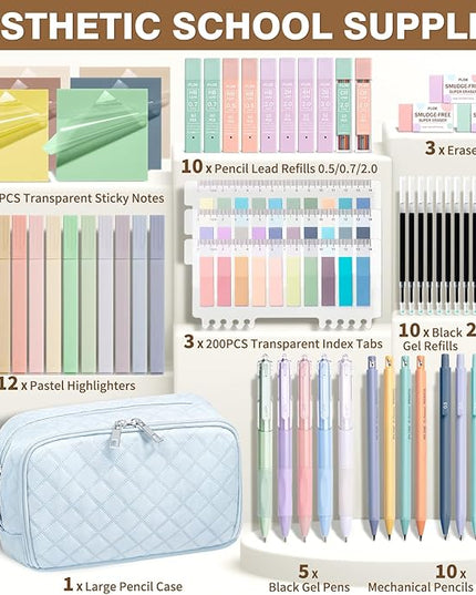 62PCS Aesthetic School Supplies with Cute Pencil Case, Pastel Highlighters Black Ink Gel Pens Mechanical Pencils Kit, Back to School Supplies College Essentials Preppy Stationary Set for Student Girls