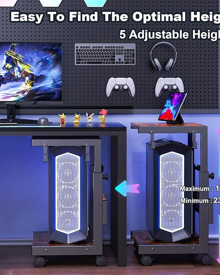 Computer Tower Stand with Charge Station and USB Charging Port - Height Adjustable PC Tower Stand, Under Desk CPU Holder Cart with Locking Caster Wheels for Fits Most PC