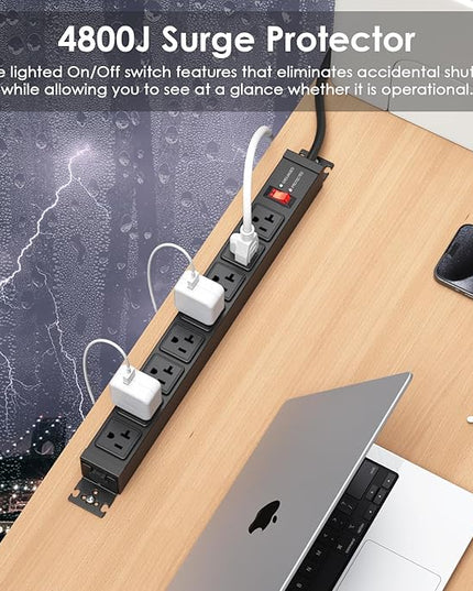 JUNNUJ 20 Amp Power Strip Surge Protector 4800J, Heavy Duty 8 Outlet Metal Multi Angle Mount, 20A Garage Power Strip Shop 6-20R T-Slot, 5-15P Plug 12 Gauge Extension Cord 10ft for Appliance