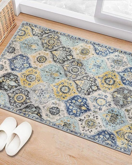Lahome Moroccan Trellis Kitchen Rugs Non Slip Washable, 2x3 Rugs for Entryway Bathroom, Non-Slip Indoor Door Mat Ultra-Thin, Small Oriental Throw Carpet for Bedroom Entry, Yellow/Aqua