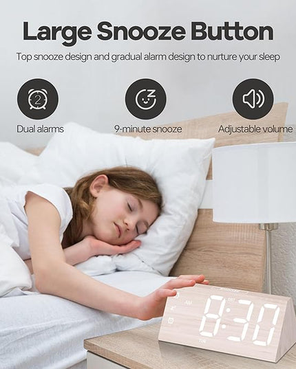 Digital Alarm Clock, with Wooden Electronic LED Time Display, 3 Alarm Settings, Humidity & Temperature Detect, Wood Made Electric Clocks for Bedroom, Bedside, Desk (White-Big Bold)