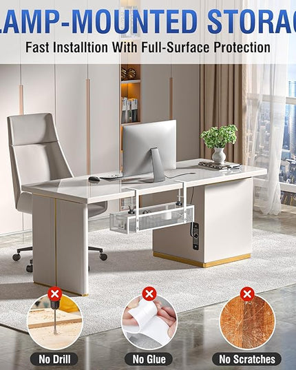 Under Desk Cable Management Tray - GZOKMOG No Drill Cord Organizer with Clamp, Reinforced Metal Mesh Workspace Organizers for Wire, Office Desk Accessories, 1 Pack White, 15.75 inch