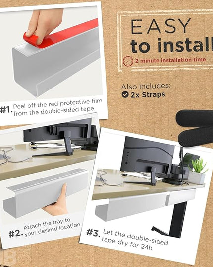 No-Screw Under Desk Cable Management Tray - Self-Adhesive Installation, Cord Management, Cable Tray, Under Desk Wire Organizer - White Set of 2