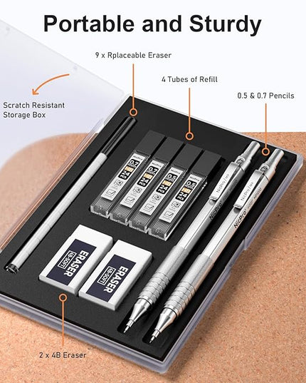 Nicpro 2 PCS Mechanical Pencil 0.5mm & 0.7 mm with Case, MP1000 Metal Artist Pencil Set with 4 Tubes HB Lead Refills, 2 Erasers, 9 Eraser Refills For Art Writing Drafting, Drawing, Sketch, Silver
