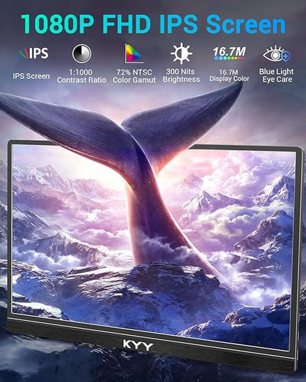 KYY Portable Monitor 15.6'' FHD 1080P USB C HDMI Gaming Monitor Ultra-Slim IPS Display w/Smart Cover & Speakers, Plug&Play, External Monitor for Laptop PC Phone Mac Xbox PS4