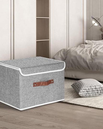 TYEERS Collapsible Storage Boxes, Washable Fabric Storage Bins with Lids, 14.9x9.8x9.8 inches, 3 Pack, Gray