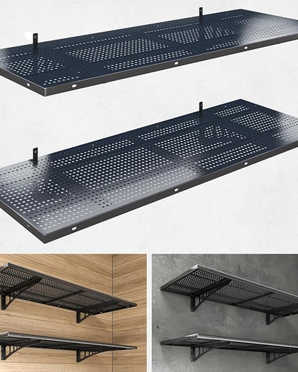2-Pack 1.5x4ft Heavy Duty Garage Wall Shelving, 500 lbs Load Capacity, Garage Shelving Wall Mounted, Garage Storage Rack with Hooks, Black