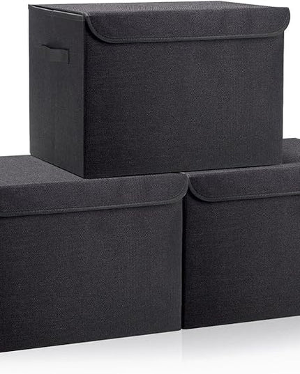 Large 17" 42 Quarts Collapsible Stackable Storage Bins with Lids [3-Pack] Foldable Fabric Linen Storage Boxes Cube, Closet Organizer Baskets with Label (16.7 x 12 x 12, Black)