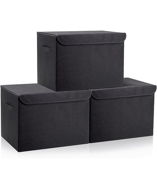 Large 17" 42 Quarts Collapsible Stackable Storage Bins with Lids [3-Pack] Foldable Fabric Linen Storage Boxes Cube, Closet Organizer Baskets with Label (16.7 x 12 x 12, Black)