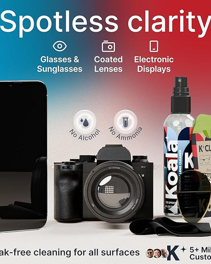 Koala Eyeglass Lens Cleaner Spray Kit | (2x) 8oz + (1x) 2oz Glasses Cleaner Bottle + (3x) Microfiber Cloth | Alcohol Free Eyeglasses, Screen, and Camera Cleaning Kit (6 Piece Set)