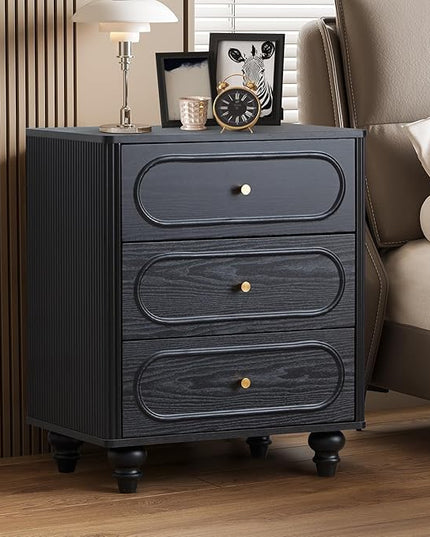 Fluted 3 Drawer Dresser for Bedroom, Modern Mid Century Chest of Drawers, Wood Storage Small Dresser Organizer for Bedroom Living Room Hallway Closet, Black