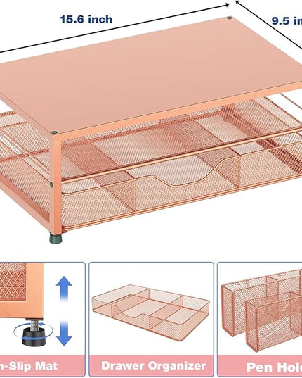 OPNICE Desk Organizers and Accessories, 2-Tier Computer Monitor Stand with Drawer and 2 Pen Holders, Laptop Stand, Office Desk Accessories for Office Supplies, Rose Gold