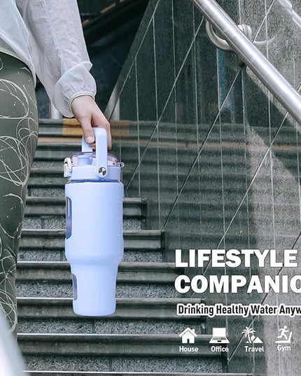 BLUEGO 40oz Glass Tumbler with Lid and Straw, Glass Water Bottles with Handle, Glass Cup with Time Marker and Silicone Sleeve, Fits Most Cup Holder, Leak-proof, Blue