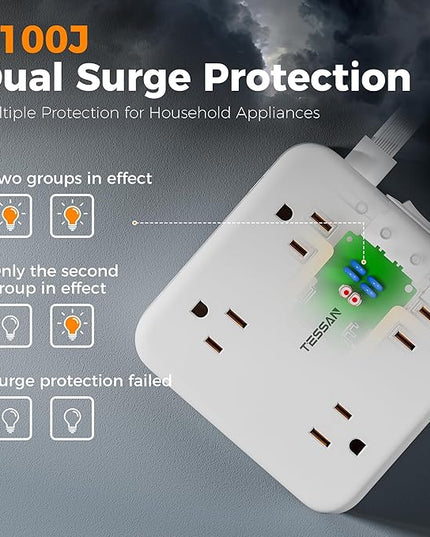 TESSAN Surge Protector Power Strip, 5 Ft Extension Cord Flat Wall Plug with 4 USB (2 USB C) 8 Outlets, 2100J Dual Surge Protection, 20W Multiple Charging Station for Home, Office, College, Dorm Room