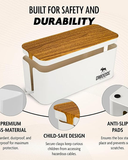 DMoose Cable Management Box - 2 Pack Medium & Large Cord Organizer for Desk & Floor, Cable Organizer Box for Child & Pet - Cable Box Hider for Tidy Office & Home (Wood Print Lid, White Box, Pack of 2)