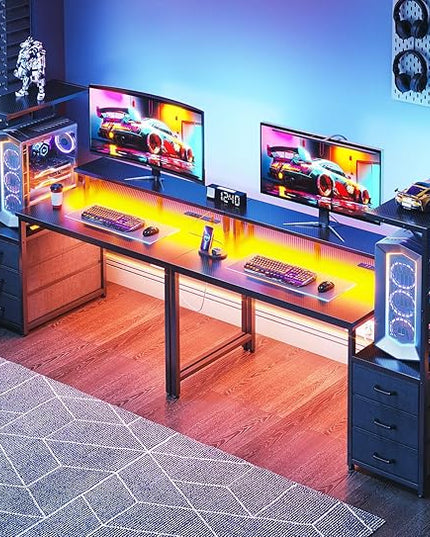 AODK 52 Inch Gaming Desk with USB Charging Ports & LED Light- Reversible Computer Desk with Storage Shelves & Monitor Stand, Modern Gamer Desk Table with Fabric Drawers & Side Hook, Carbon Fiber Black