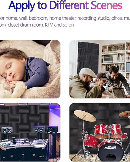 24 Pack Acoustic Foam Panels 1" x 12" x 12" Sound Proof Foam Panles Saiqiang Soundproofing Noise Absorbing Wedge Black Panels for Wall Studio Foams with Double-Side Adhesive