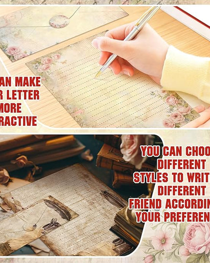 TaoBary 160 Pcs Stationery Paper Set 50 Double Sided Stationery Papers with 50 Matching Envelopes and 60 Round Dot Sticker, 10 Design(Lace Edged Scrapbook,8.5 x 11 Inch)