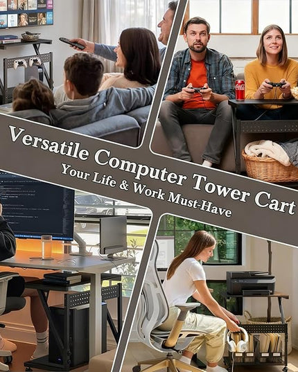 Computer Tower Cart, Height Adjustable PC Tower Stand, Mobile Rolling PC Cart, 2-Tier ATX-Case CPU Holder, PC Stand with Wheels, 23.23"-31.10" H, Black Pro