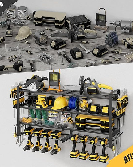 Power Tool Organizer Wall Mount, 4-Tier Tool Storage Rack with 8 Drill Holders, 400LBS Load Heavy Duty Cordless Tool Shelf for Garage Organization, Gift for Men