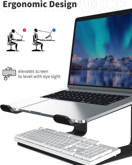 SOUNDANCE Laptop Stand, Aluminum Computer Riser, Ergonomic Laptops Elevator for Desk, Metal Holder Compatible with 10 to 15.6 Inches Notebook Computer, Black