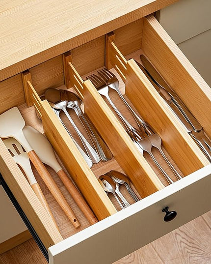 Fabsome Dresser Drawer Organizers 6 Pack, 4.65'' High Adjustable from 17-22‘’ Bamboo Drawer Dividers for Clothing Baby Clothes, Wooden Separators for Dresser Nursery Organization with Soft Foam Ends