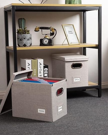 PRANDOM File Organizer Box - Set of 1 Collapsible Decorative Linen Filing Storage Hanging File Folders with Lids Office Cabinet Letter Size Light Grey (14x9.3x10.8 inch)