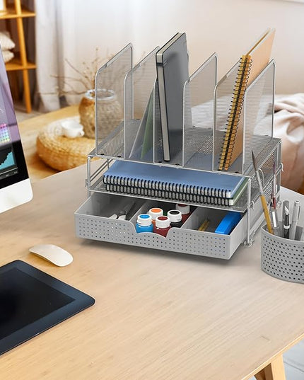 Simple Houseware Mesh Desk Organizer with Sliding Drawer, Double Tray and 5 Upright Sections, Silver