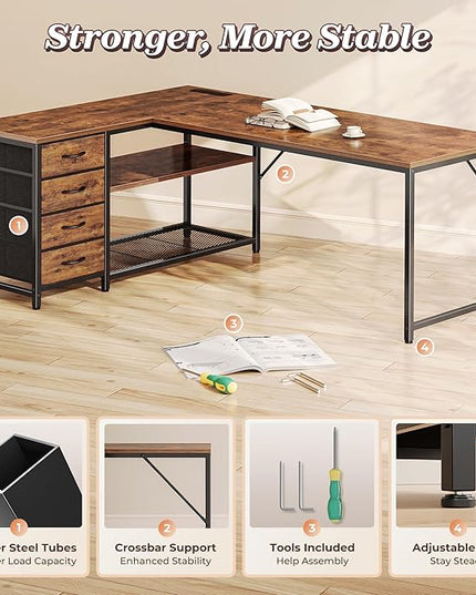 PRAISUN 61" L Shaped Desk with Power Outlets and USB-C Port, Reversible Computer Corner Office Desk with 4 Fabric Drawers and 2 Height-Adjustable Shelves, Large for Gaming Writing Study, Rustic Brown