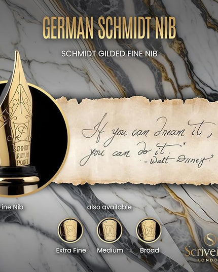 Scriveiner Silver Chrome Fountain Pen - Stunning Luxury Pen, Real Gold Finish, Schmidt Gilded Nib (Fine), Best Gift Set for Men & Women Professional Executive Office Fancy Nice Designer Pen