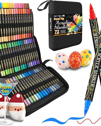 Betem Paint Markers Acrylic Paint Pens, Dual Tip 72 Colors Acrylic Markers with Brush Tip and Fine Point, Art Supplies for Wood, Canvas, Stone, Glass, Rock Painting Kit DIY Crafts Drawing Kit with Bag