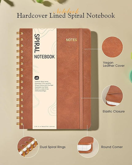Dotted Spiral Journal Notebook, A5 Hardcover Spiral Journals for Women Men, 100 GSM Dot Grid Paper Notebooks, 150 Pages Spiral Bullet Dotted Notebook for Writing Note Taking 5.75" x 8.38", Brown